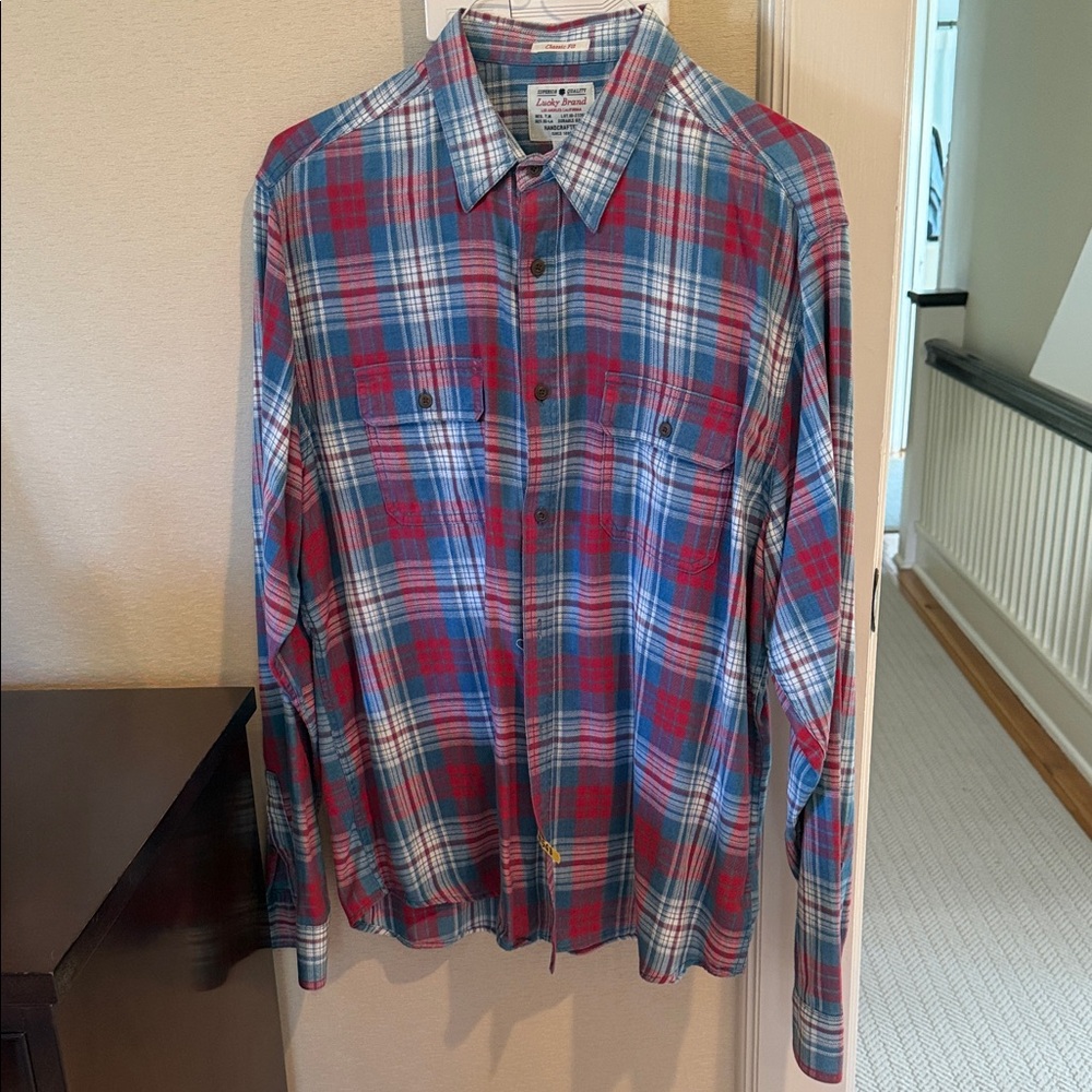 Lucky Brand Men’s Red and Blue Plaid Button-Down Shirt